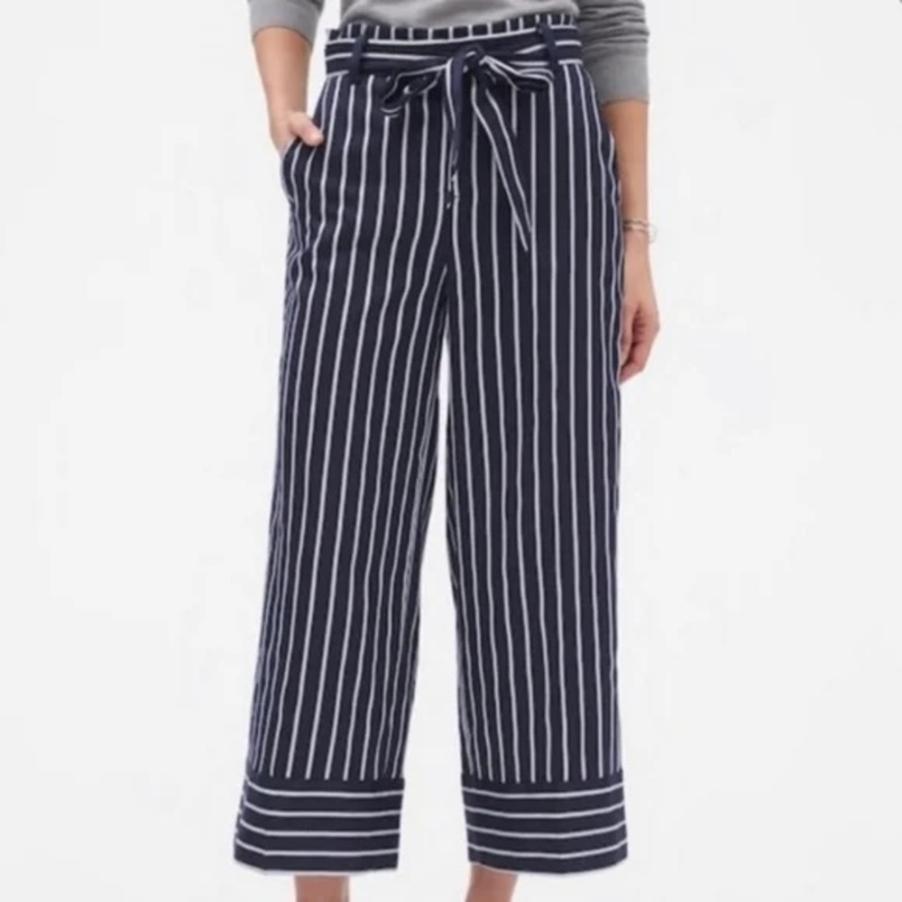 Banana Republic Navy White Striped Tie Waist Pants